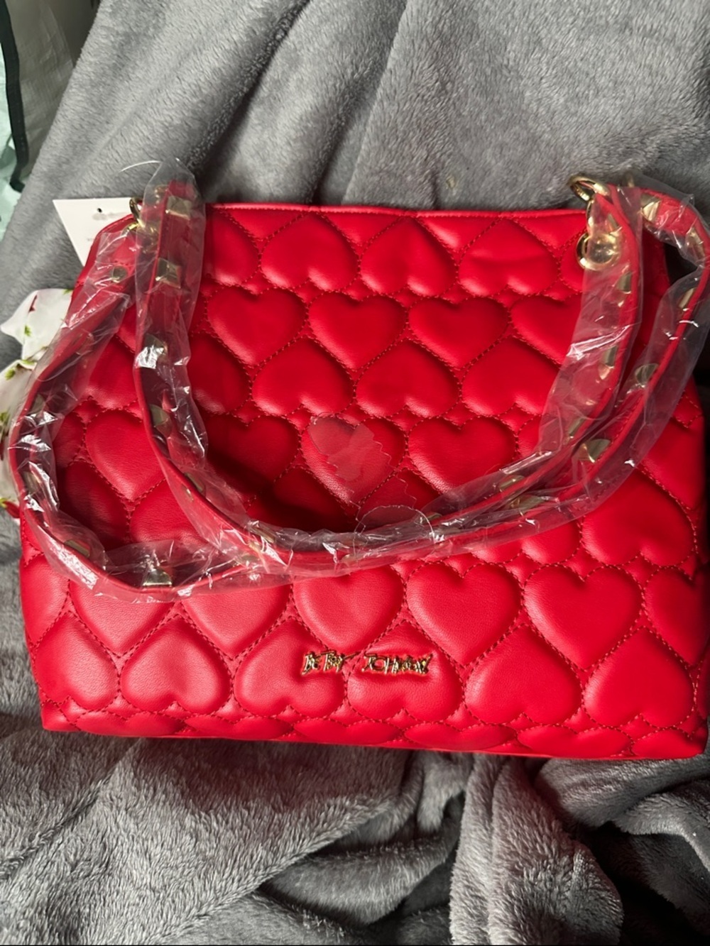 Betsey Johnson Red Heart-Quilted Shoulder Bag with Floral Bow Charm - Picture 6 of 7